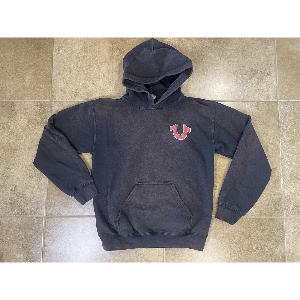 True Religion Men's Sz S Black Pullover Hoodie Distress Faded Black Graphic Logo